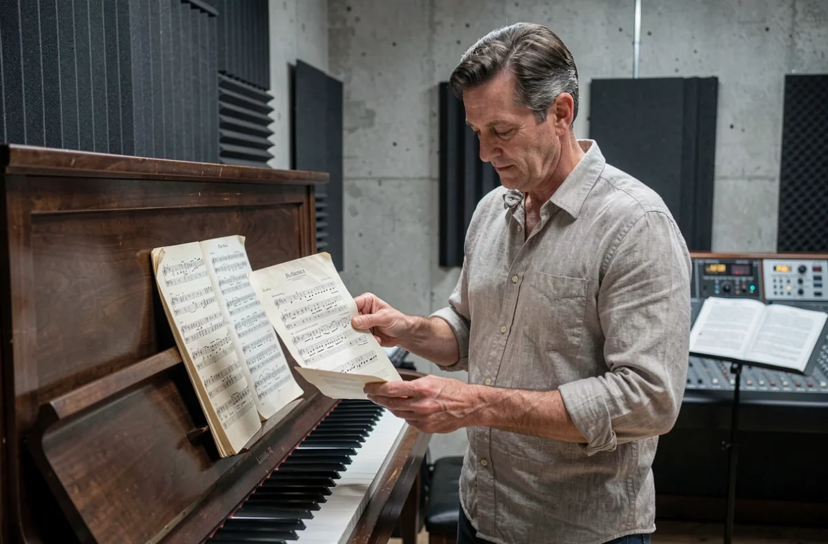 Pianiste français consultant une partition annotée dans un studio d'enregistrement moderne, entre répertoire de Debussy et musique de Philip Glass