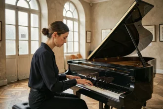 Pianiste française au Steinway dans une salle de répétition du conservatoire parisien, réinterprétant le répertoire classique et contemporain