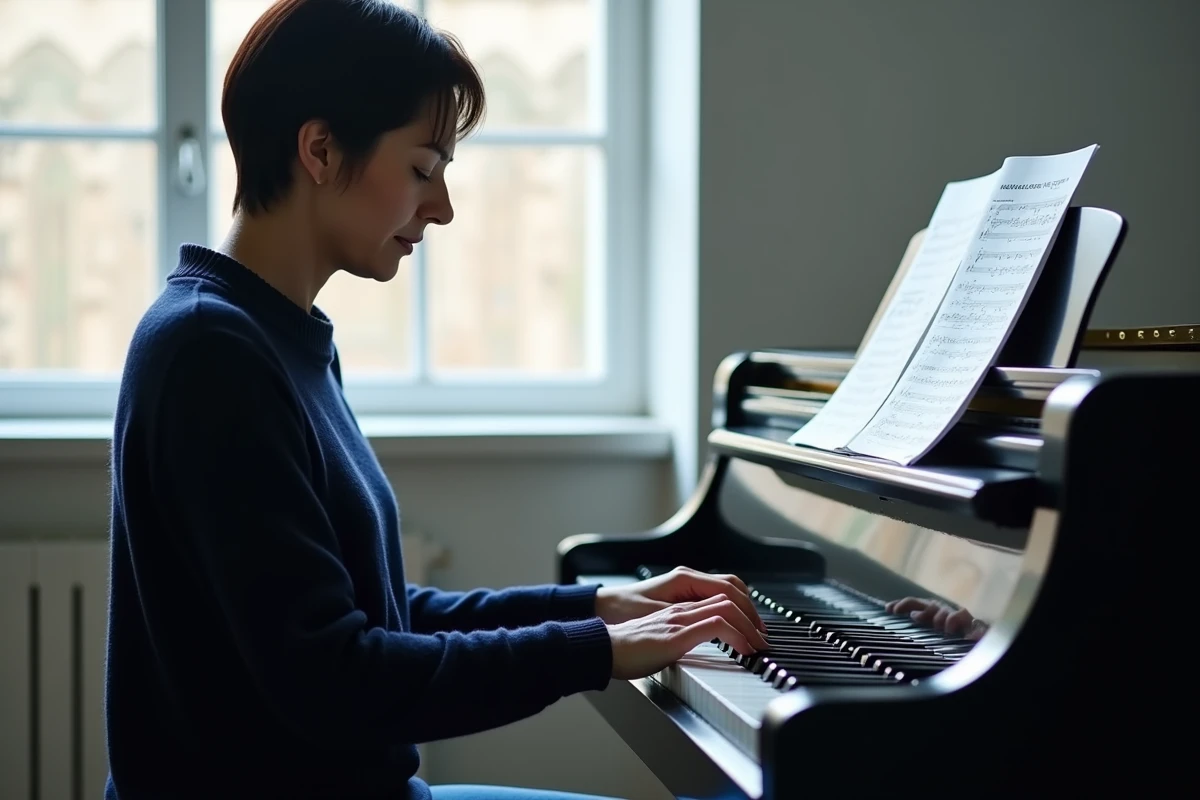 Pianiste analysant la structure harmonique des accords de Mistral Gagnant sur une partition au conservatoire