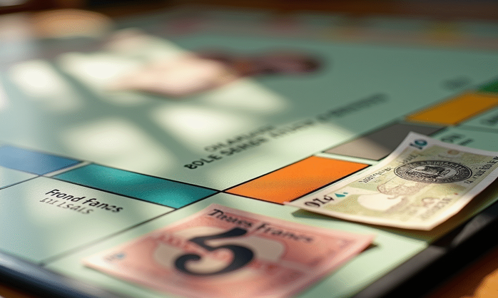 Plateau de Monopoly en francs français sur une table en bois