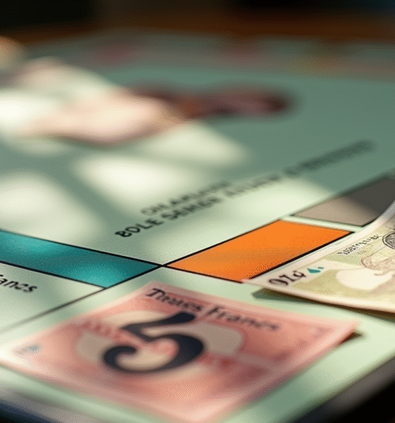Plateau de Monopoly en francs français sur une table en bois