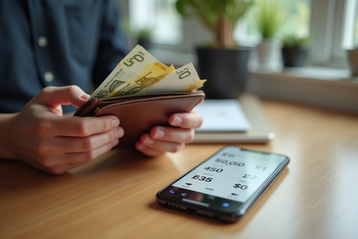 Mains tenant un portefeuille avec des billets euros et un smartphone avec application