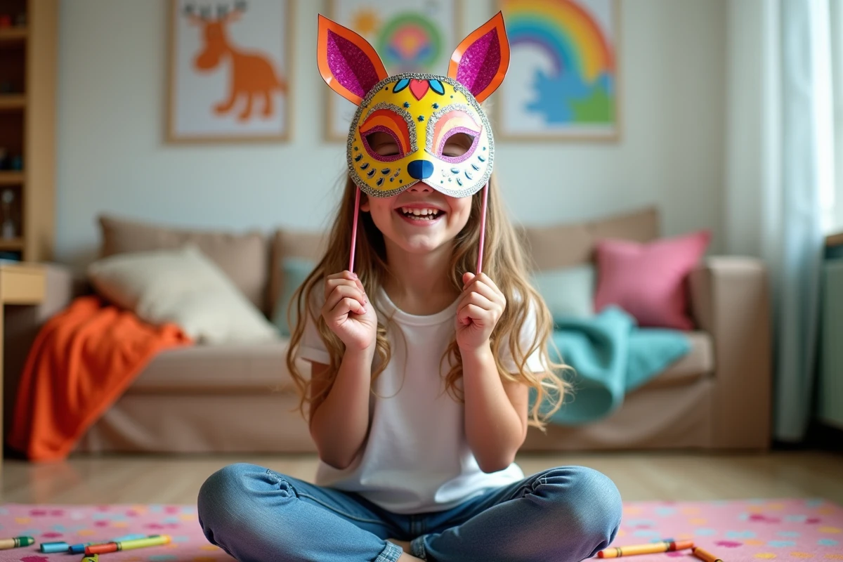 Jeune fille avec masque de carnaval coloré et sourire