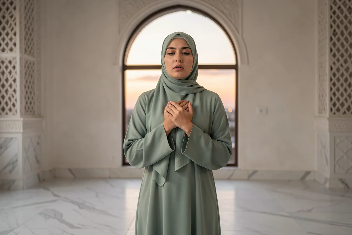 Femme musulmane en position de récitation debout lors de la prière du Maghreb dans une salle de prière à l'architecture arabe