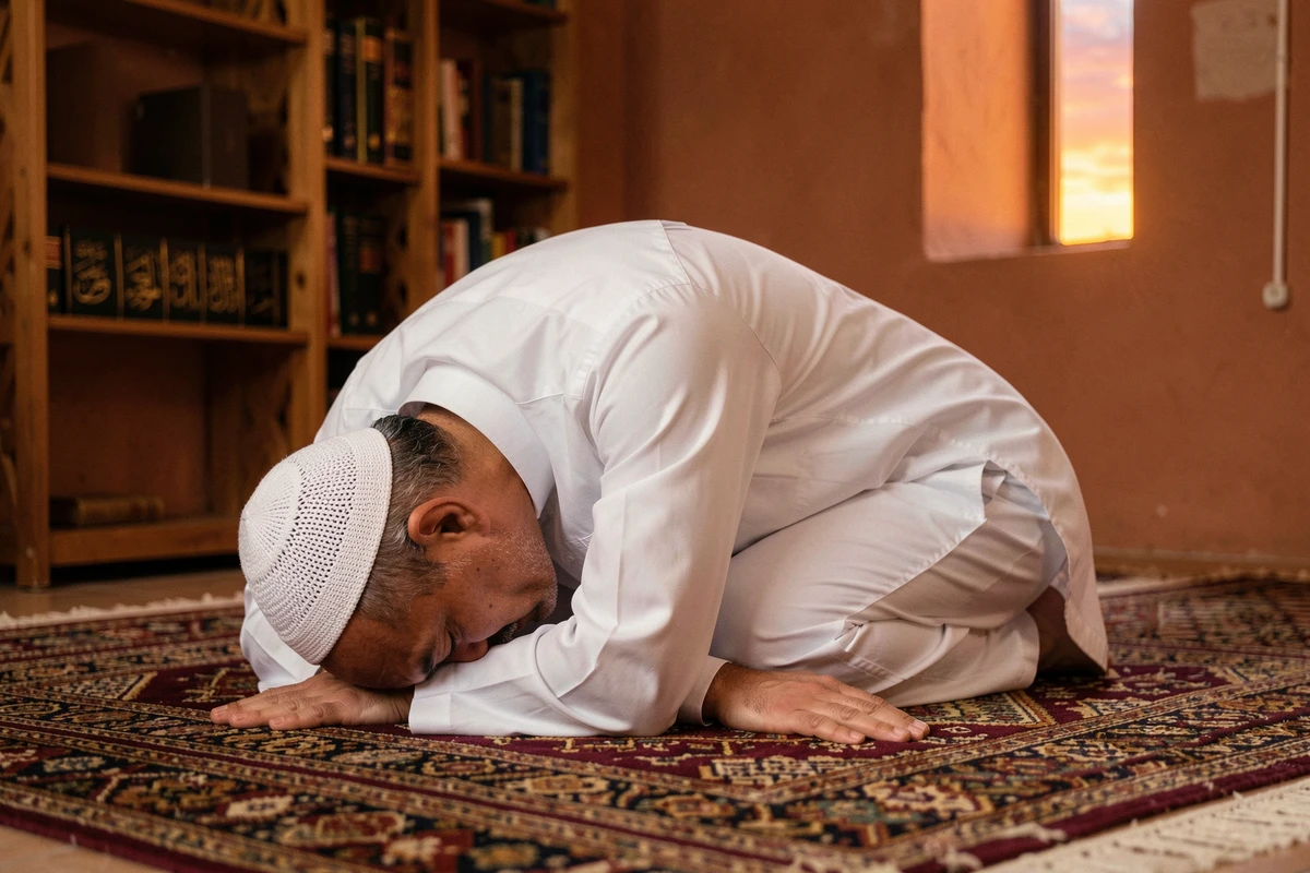 Homme musulman effectuant une prosternation lors de la prière de Maghreb sur un tapis de prière traditionnel dans un intérieur chaleureux