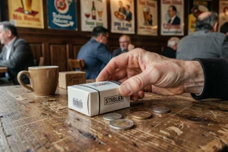 Paquet de cigarettes posé sur une table de café berlinois avec des pièces d'euros, illustrant le prix des cigarettes en Allemagne en 2026