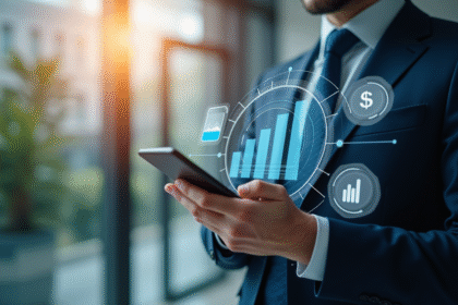 Professionnel utilisant une appli bancaire sur smartphone dans un bureau moderne