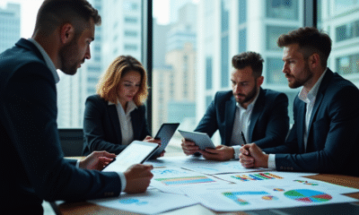 Groupe de professionnels analysant des données financières modernes