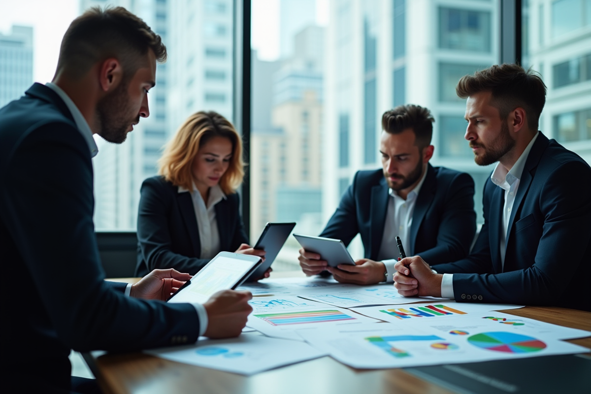 Groupe de professionnels analysant des données financières modernes