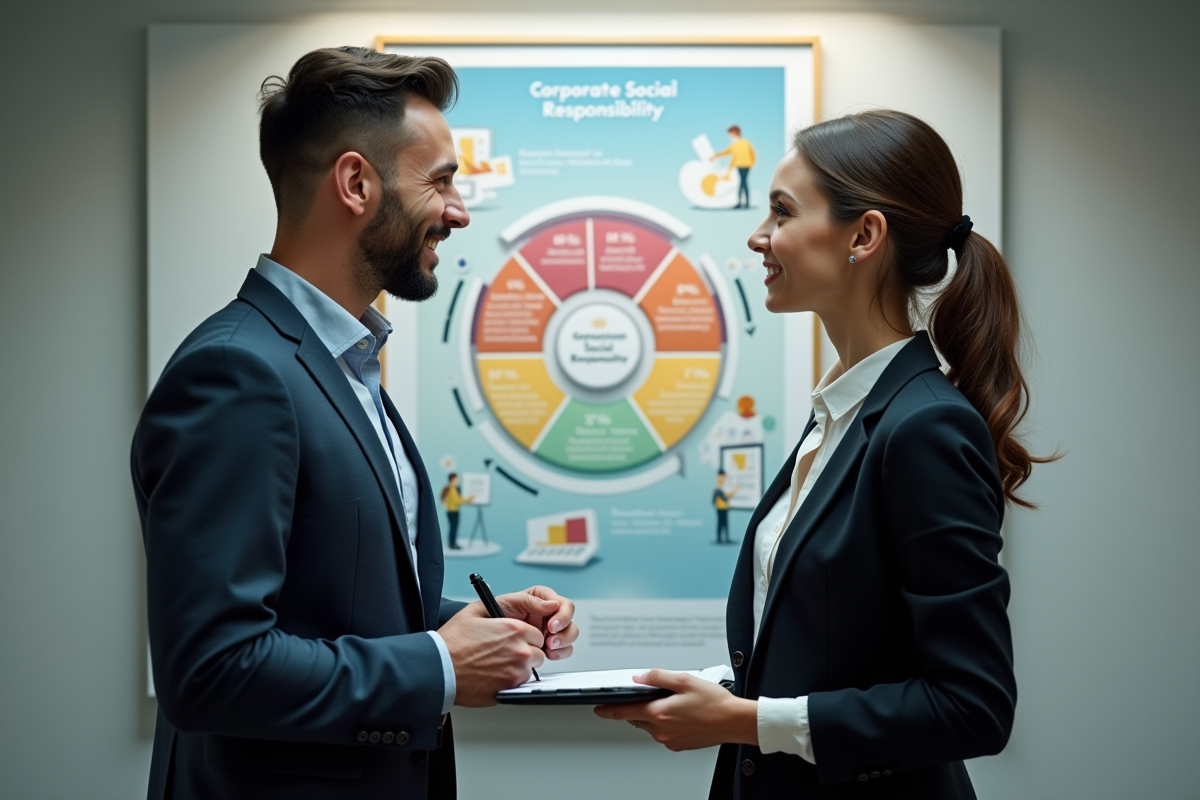 Jeune homme et femme discutant devant une infographie sur la RSE