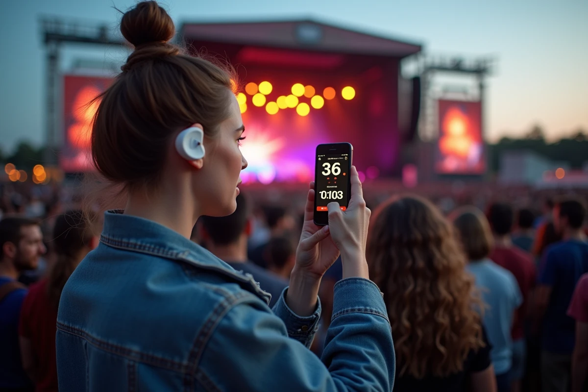 Femme portant des protections auditives à un concert en plein air et mesurant les décibels avec une application sur smartphone
