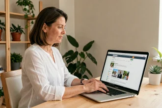 Femme utilisant un ordinateur portable pour publier une petite annonce de massage en ligne depuis son bureau à domicile