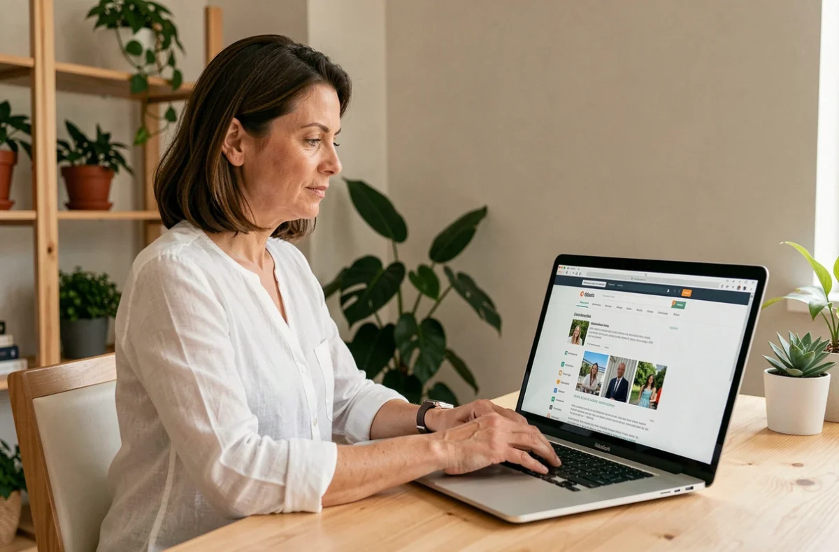 Femme utilisant un ordinateur portable pour publier une petite annonce de massage en ligne depuis son bureau à domicile