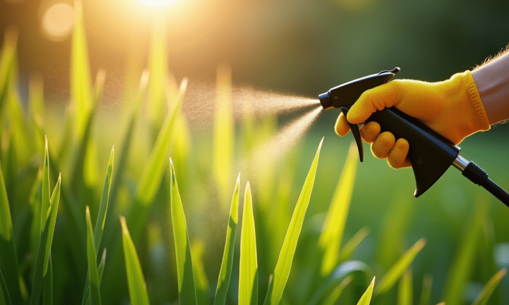 Main gantée pulvérisant de l'herbicide dans un jardin ensoleille