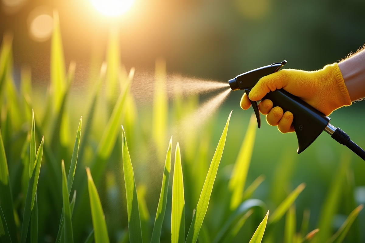 Main gantée pulvérisant de l'herbicide dans un jardin ensoleille
