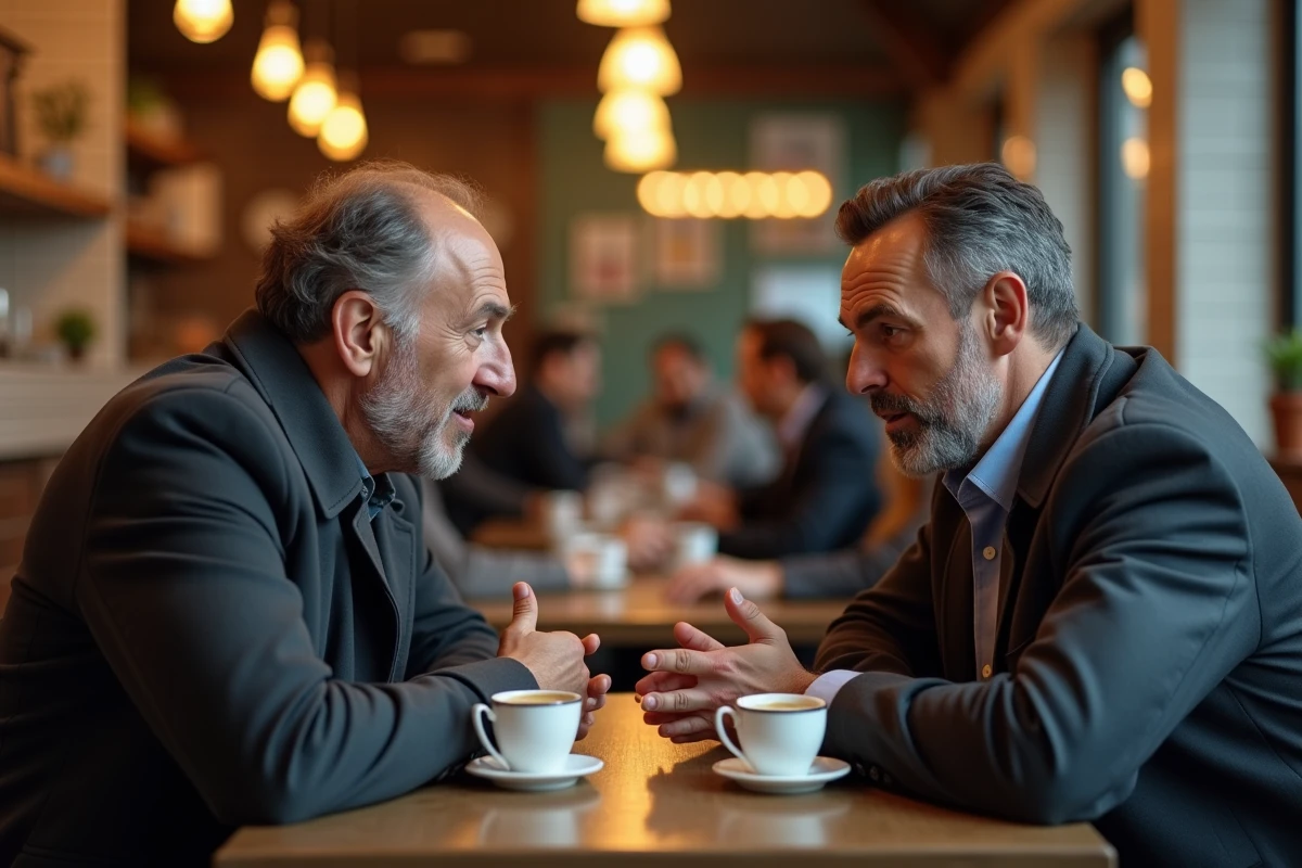Deux hommes dans un café réagissant à une révélation inattendue, symbolisant l'impact émotionnel d'un retournement de situation dans un récit