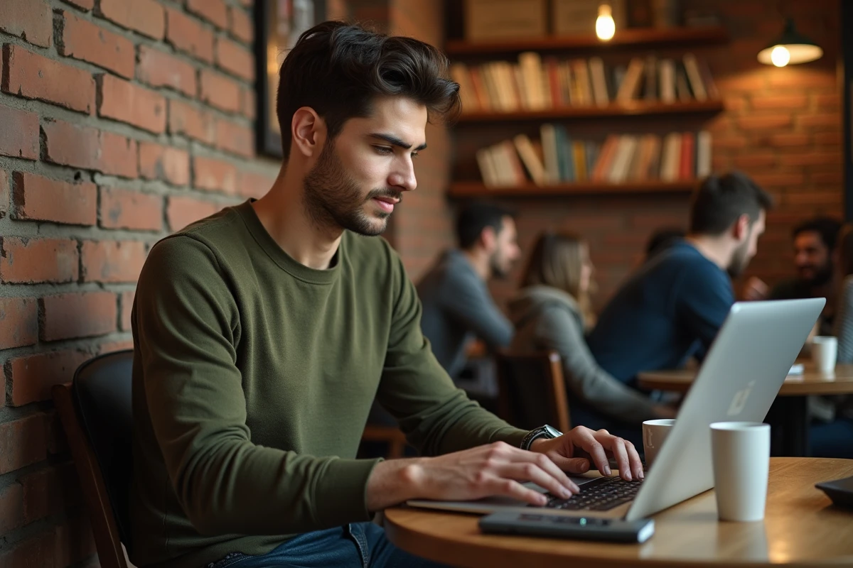 Jeune homme rédigeant une lettre de motivation avec des synonymes de stage dans un café chaleureux