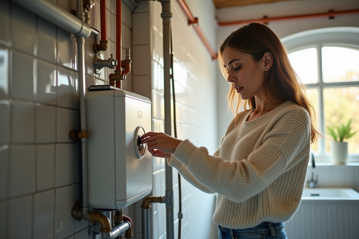 Femme ajustant le thermostat d un systeme solaire