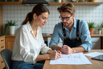 Femme et entrepreneur discutent plans de rénovation cuisine