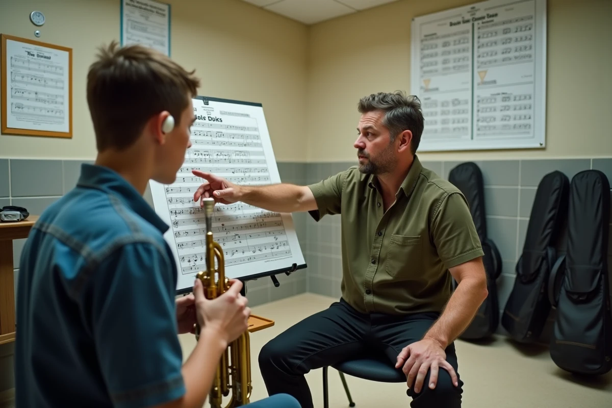 Professeur de musique expliquant les seuils de décibels à un élève en salle de répétition, tous deux portant des bouchons d'oreilles