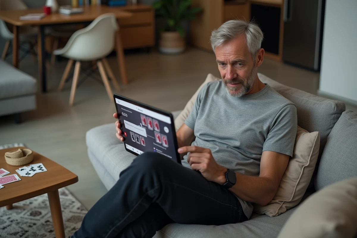 Homme regardant un tutoriel vidéo sur la belote sur une tablette tout en révisant les règles avec des cartes à jouer posées à côté de lui