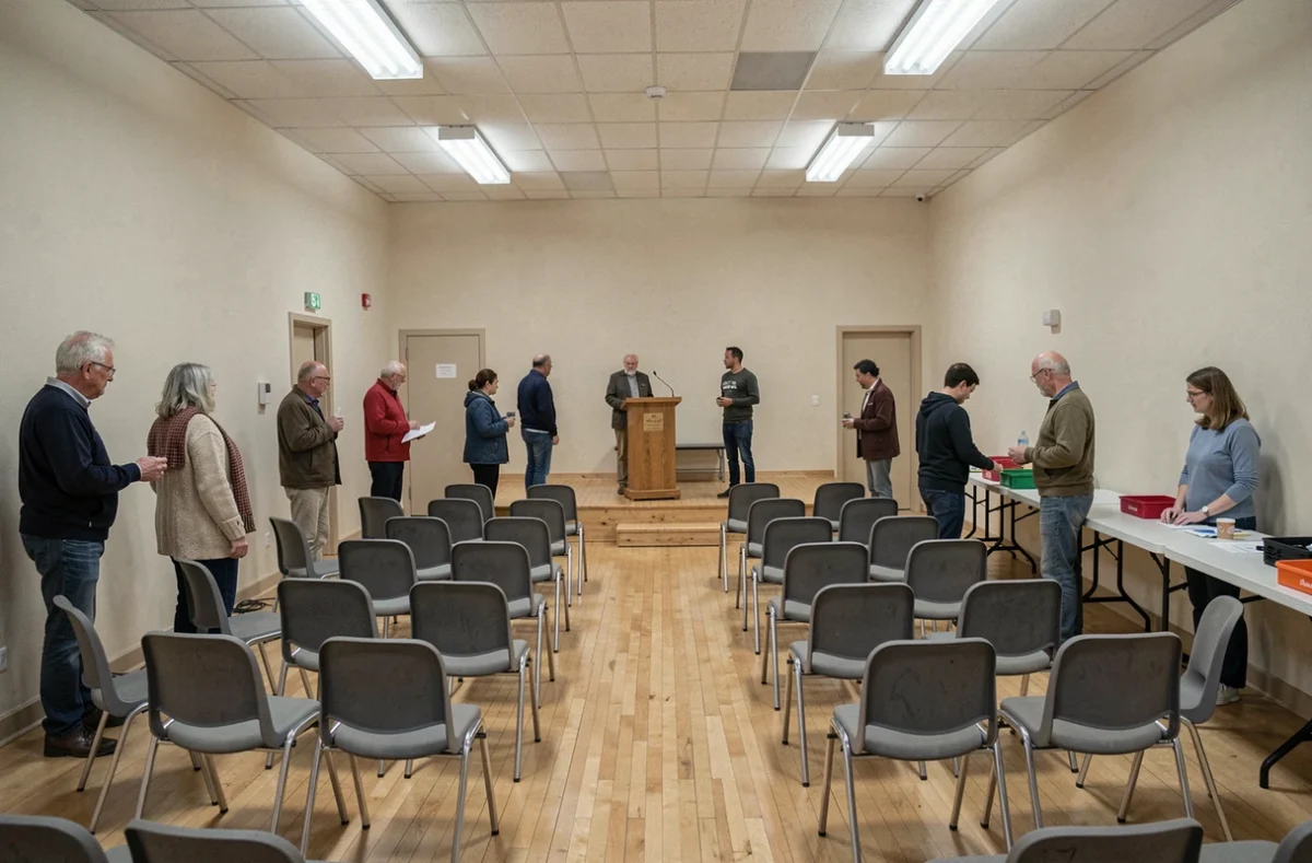 Salle municipale du Rhône aménagée avec des chaises en rangées pour une réunion communautaire, dans un cadre fonctionnel et accessible