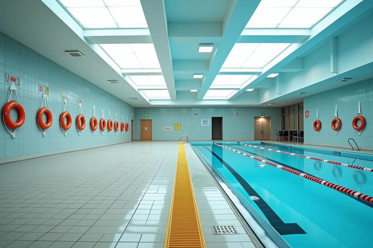 Abords de bassin d'une piscine municipale intérieure avec équipements de sécurité et signalétique réglementaire