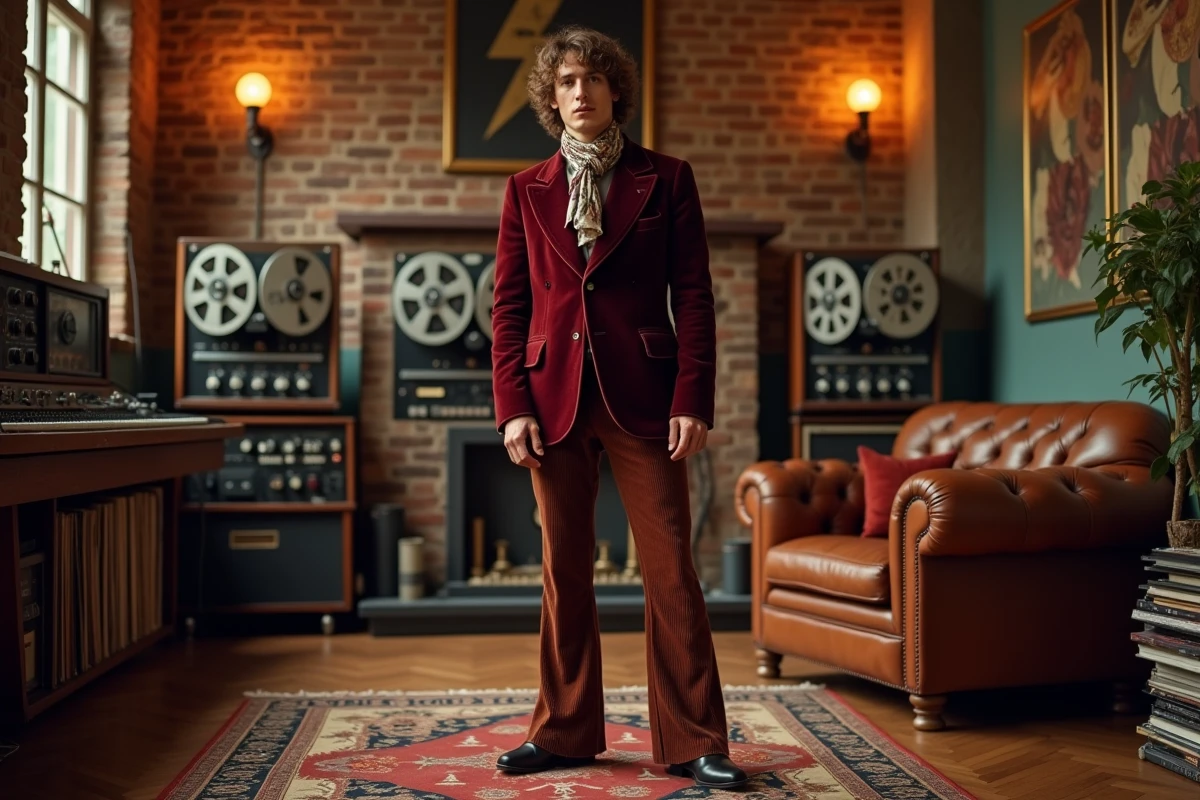 Musicien en tenue typique du style chanteur anglais années 70 dans un studio d'enregistrement vintage à Londres, velours et pantalon à pattes d'éléphant