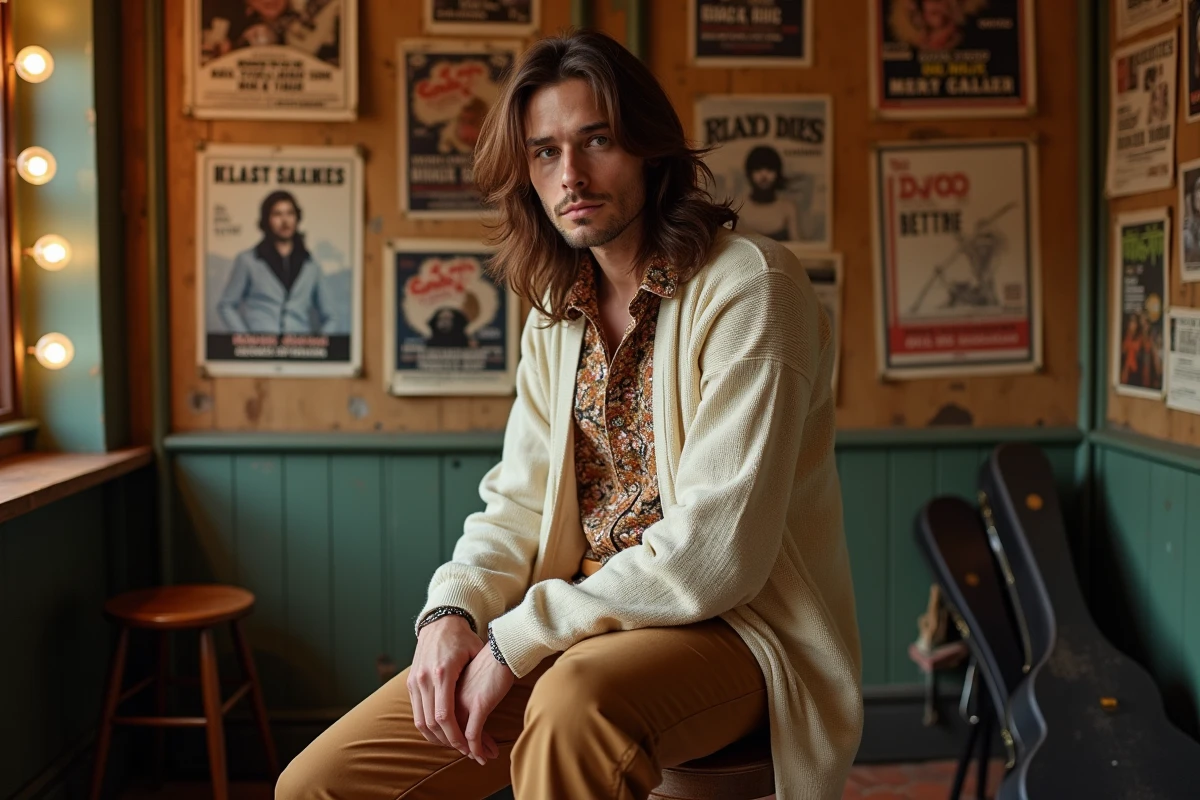 Modèle masculin en style chanteur anglais années 70 assis en coulisses, chemise fleurie et cardigan crème, ambiance affiche de concert vintage