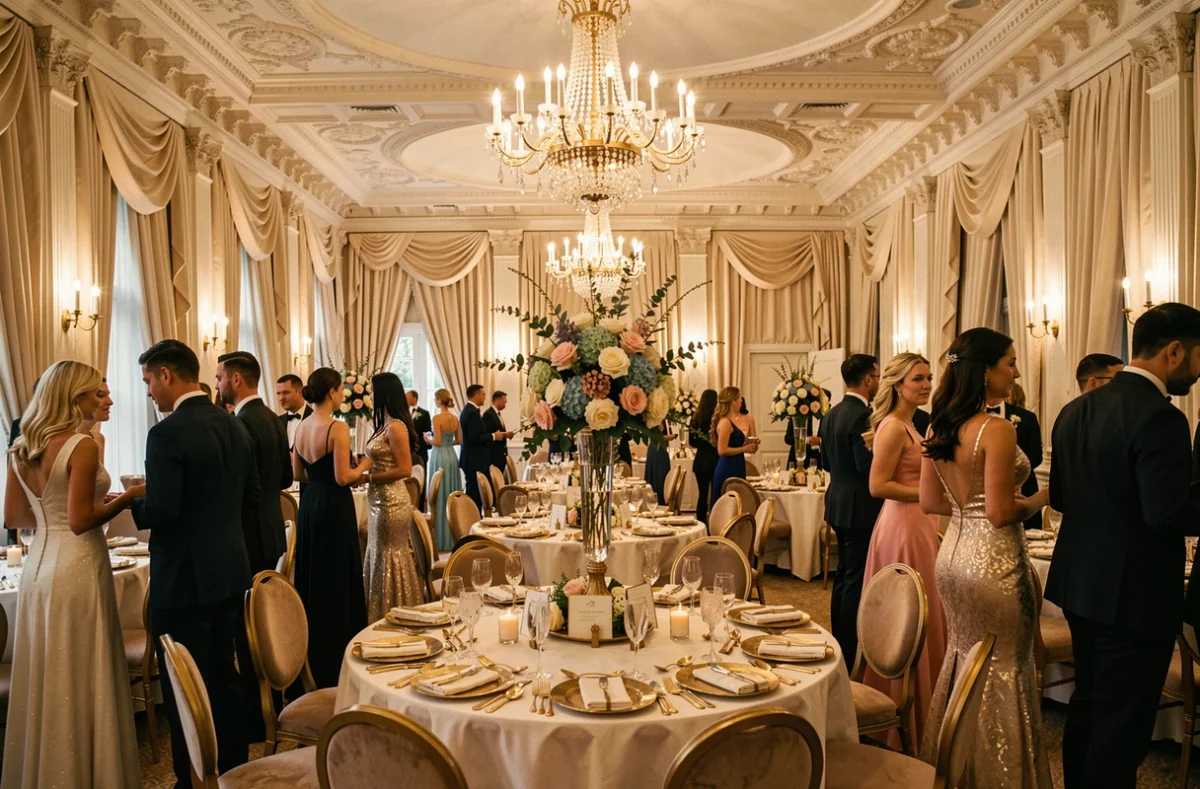 Sublime salle de réception de l'Hôtel du Phénix décorée pour un gala avec des tables de banquet somptueuses et des arrangements floraux