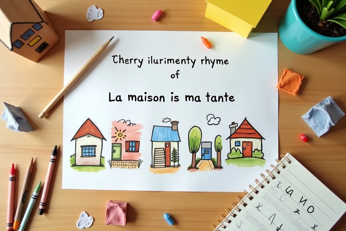Vue aérienne d'un support pédagogique illustré de la comptine La maison de ma tante avec cartes séquentielles et matériel de classe