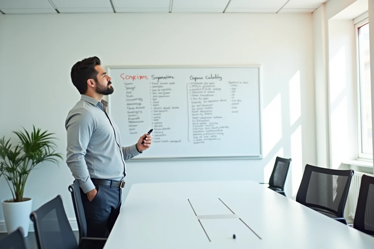 Homme debout devant un tableau blanc avec des synonymes et du vocabulaire de candidature professionnelle