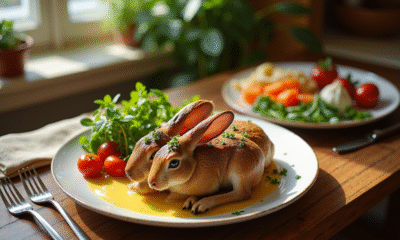 Table rustique avec lapin à la moutarde et herbes fraîches