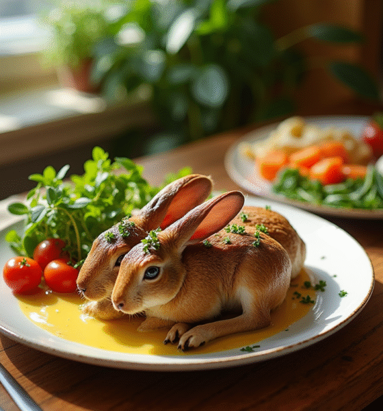 Table rustique avec lapin à la moutarde et herbes fraîches