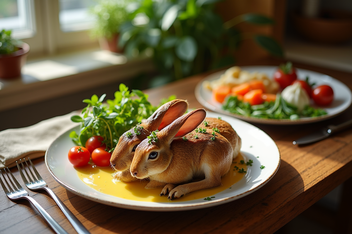 Table rustique avec lapin à la moutarde et herbes fraîches