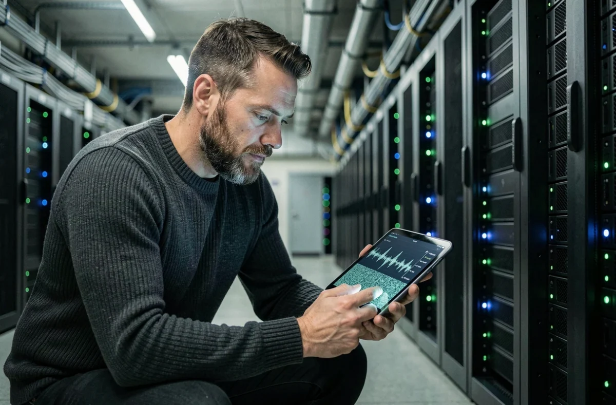 Technicien en salle de serveurs analysant un signal numérique fragmenté sur une tablette