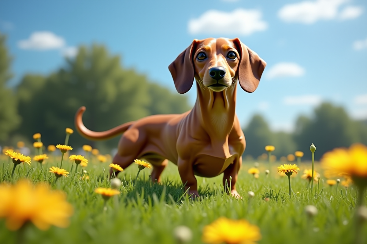 Teckel debout dans un parc vert avec fleurs