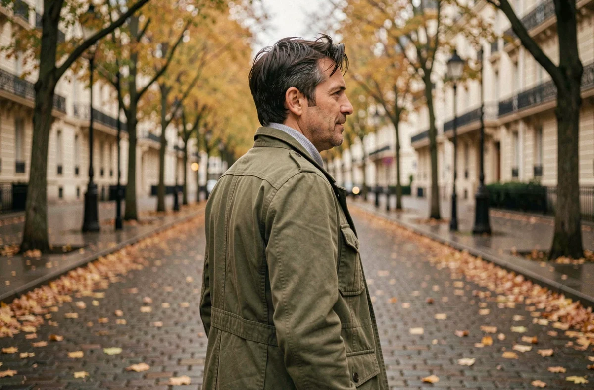 Homme marchant seul sur un boulevard parisien aux feuilles d'automne, de dos et de profil, illustrant la discrétion volontaire et l'anonymat choisi d'une personnalité publique