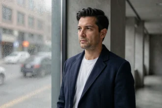 Homme discret et élégant debout près d'une fenêtre givrée dans un couloir urbain moderne, regard détourné symbolisant la vie privée et la réserve publique