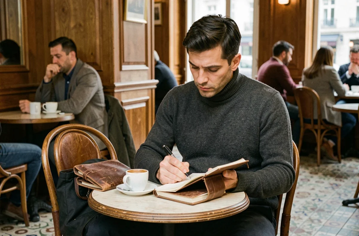Homme concentré prenant des notes dans un café parisien discret, atmosphère intimiste illustrant le choix de la vie privée loin des projecteurs