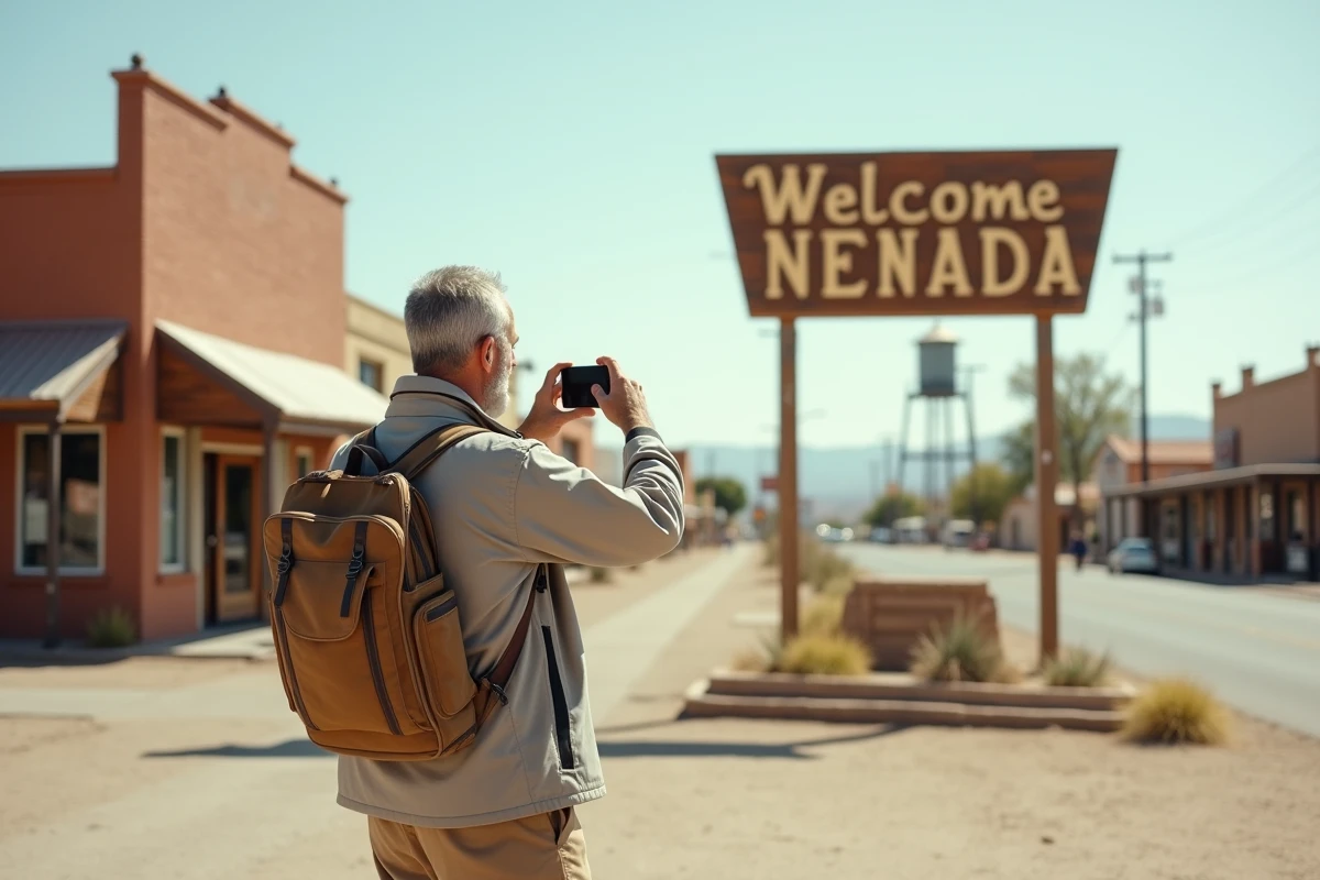 Touriste photographiant un panneau de bienvenue d'une petite ville du Nevada aux noms géographiques surprenants