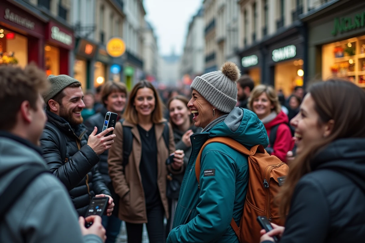 Des touristes du monde entier photographiant le Manneken Pis avec leurs smartphones dans la rue de l'Étuve à Bruxelles, souriant et amusés par la petite taille de la statue