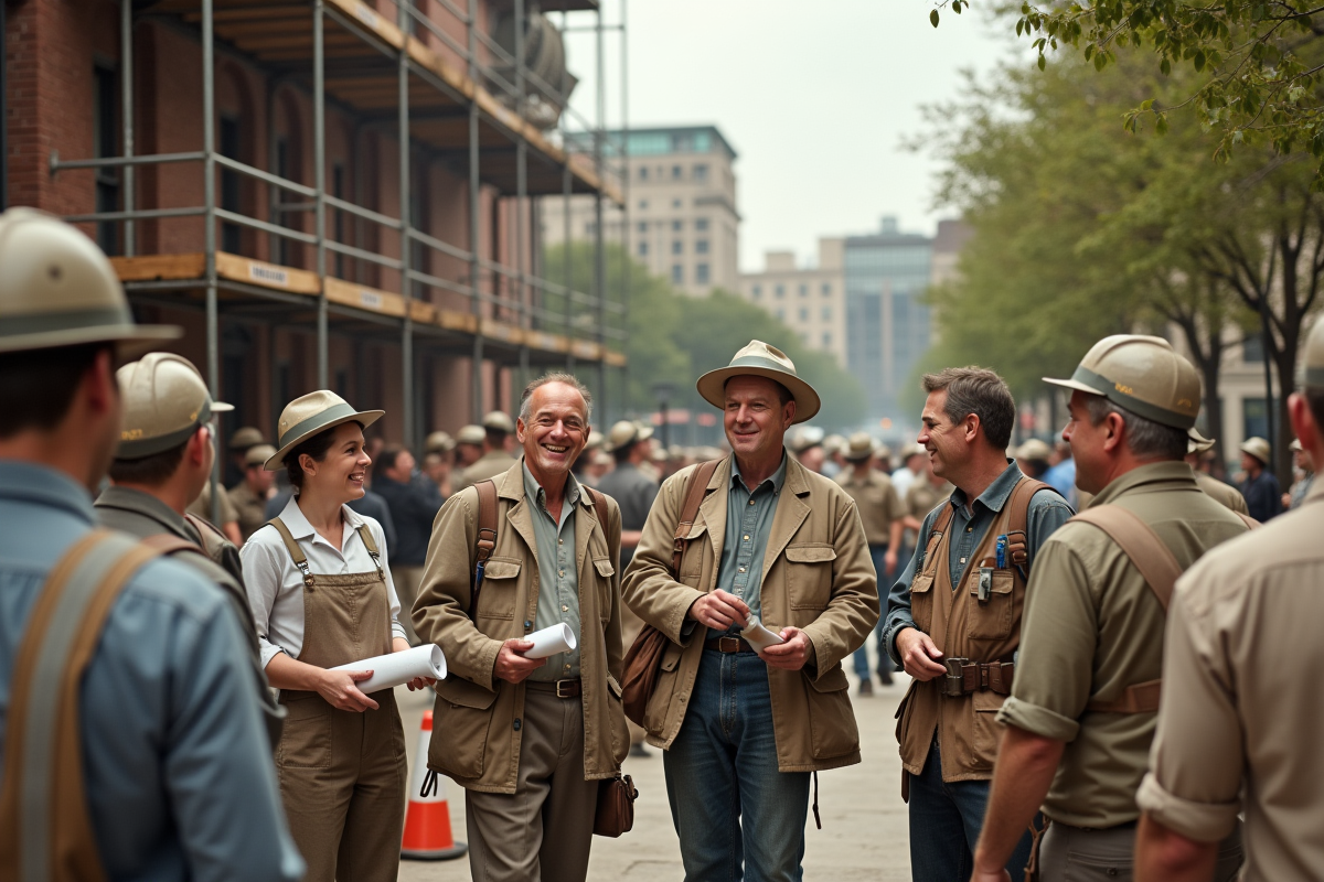 Groupe de travailleurs devant un bâtiment public en 1930