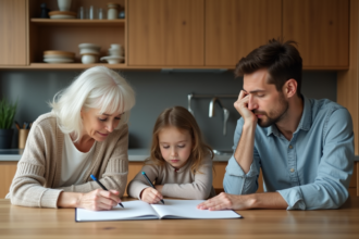 Trois générations de famille autour d'une table de cuisine chaleureuse