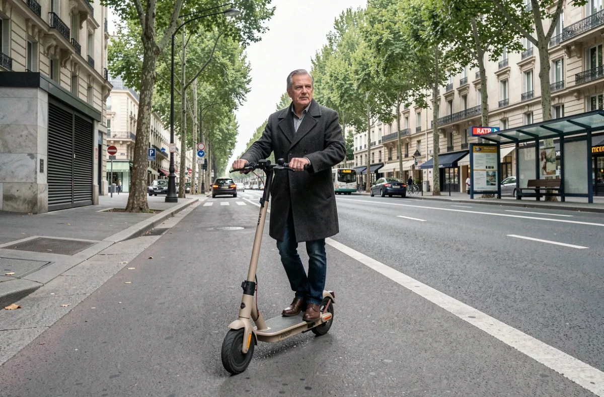 Homme utilisant une trottinette électrique en libre-service comme alternative à la ligne 3 du métro parisien