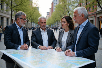 Groupe d'urbanistes et architectes discutant en extérieur