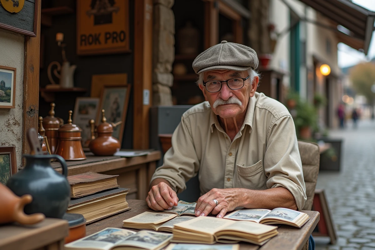 Vendeur de vide grenier dans un village de montagne des Alpes-Maritimes proposant des objets vintage et de la brocante ancienne