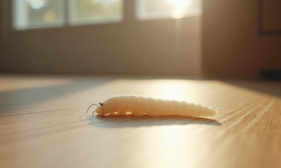 Un ver blanc sur un sol en bois lumineux dans la cuisine