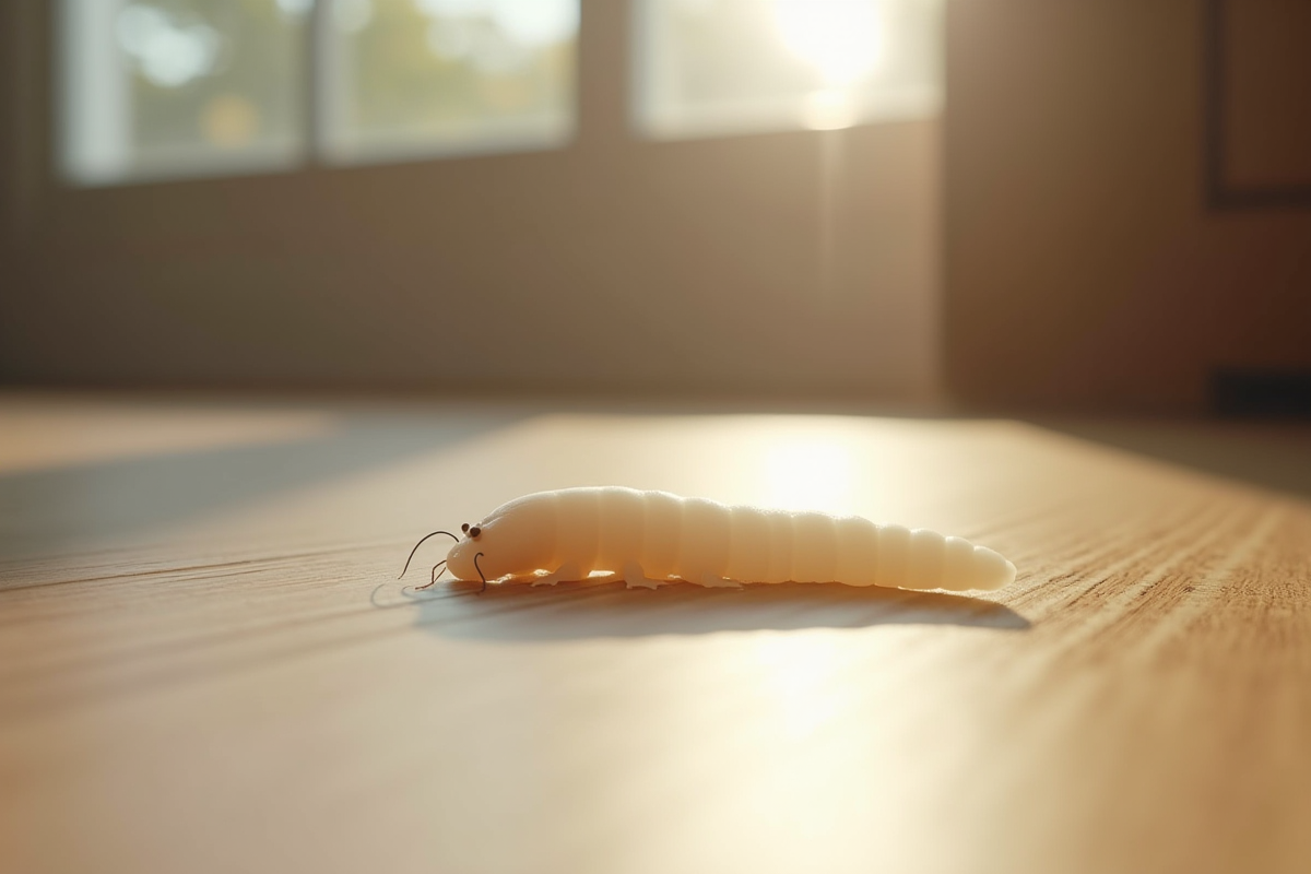 Un ver blanc sur un sol en bois lumineux dans la cuisine