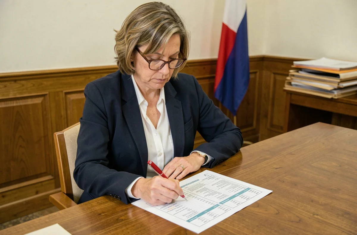 Élue municipale vérifiant un modèle de bulletin de vote pour une commune de moins de 1000 habitants dans une salle du conseil